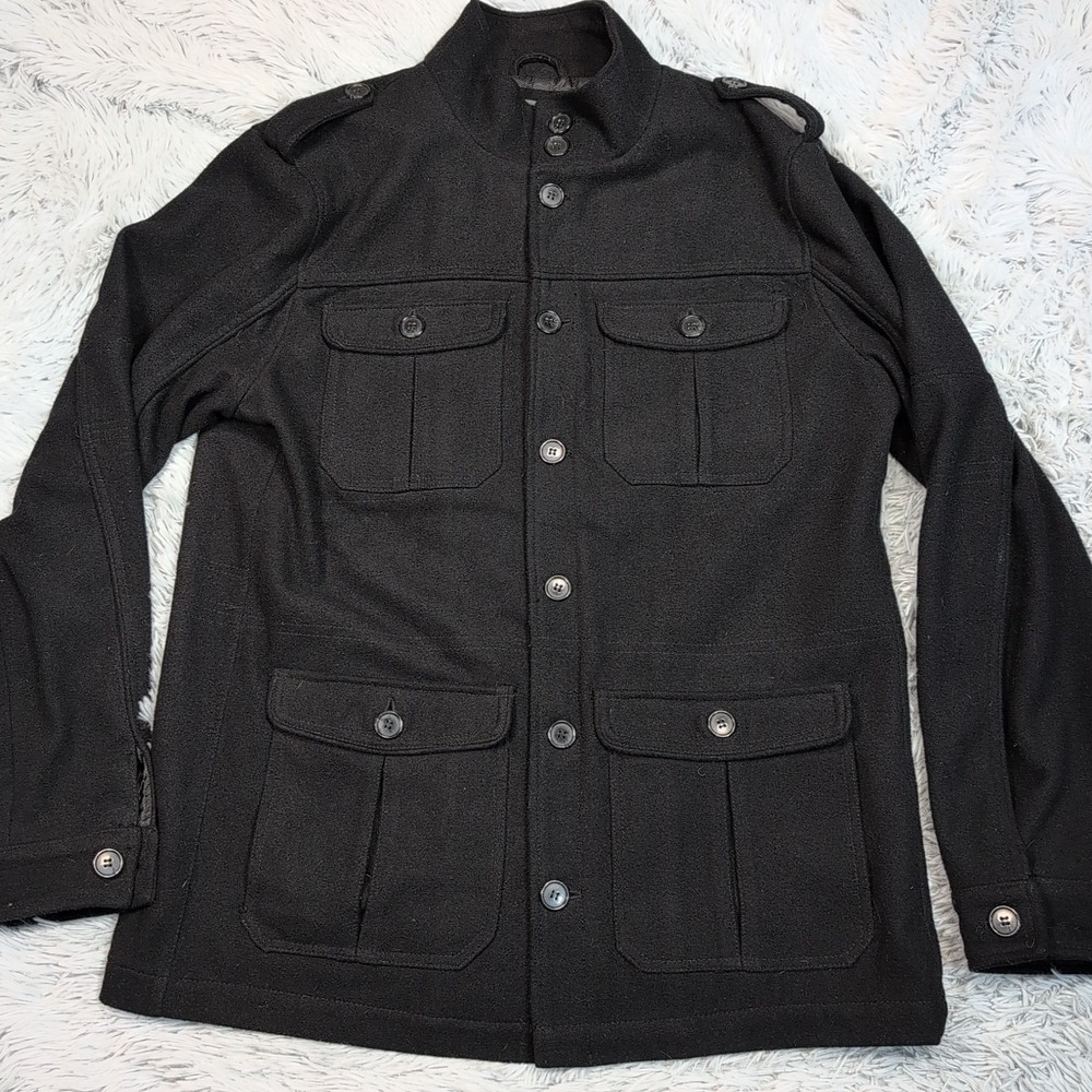BKE Jacket Mens XL‎ Black Wool Blend Pockets Preppy Button Up Career Comfort